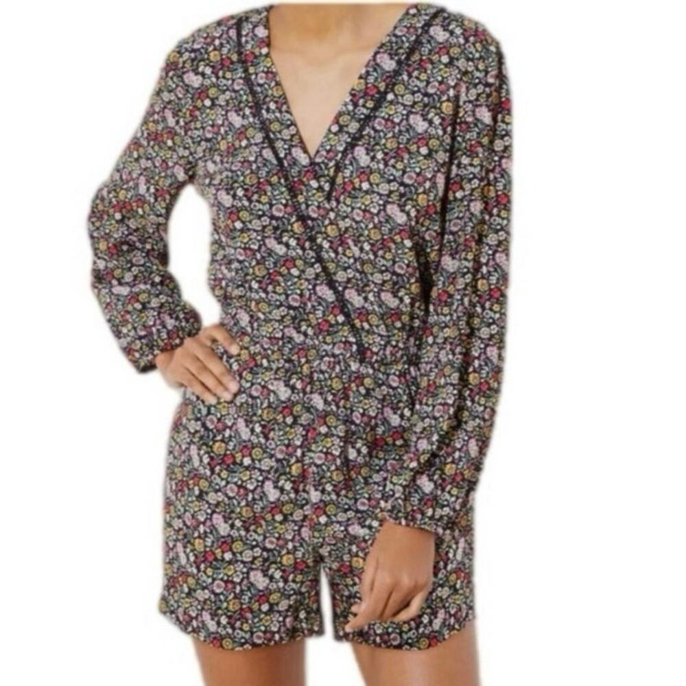 Loft Ditsy Dark Floral Black Long Balloon Sleeve Romper Size Medium